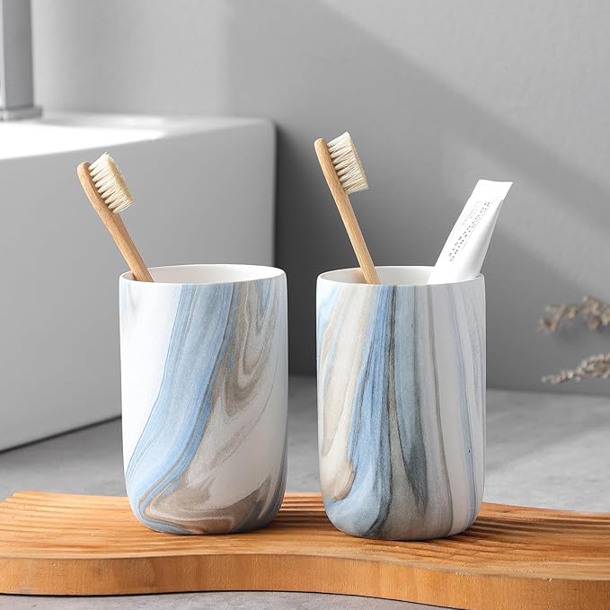 Blue Marble Toothbrush Holders - Ceramic Toothbrush Holders for Bathrooms, Toothbrush Toothpaste Holders, Marble Bathroom Tumbler Cups Reusable Toothbrush Mouthwash Cup, Bathroom Counter Organizer