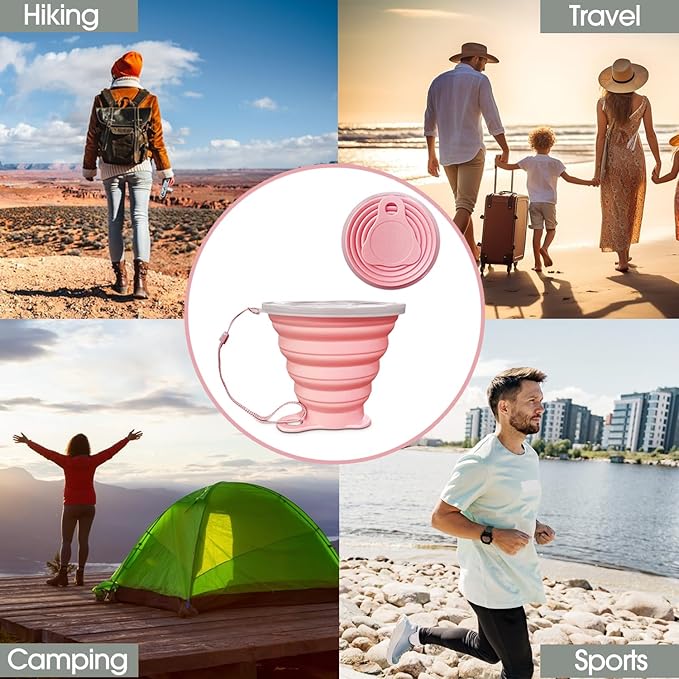 Silicone Collapsible Cups for Camping Travel,Small Portable Backpacking Camping Cup for Outdoor,Reusable Drinking Cup with Scale,270ml(Pink)