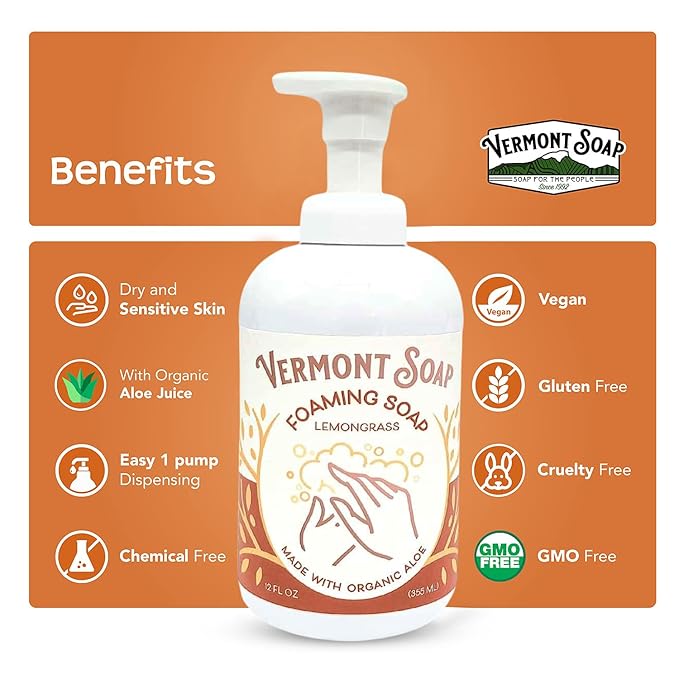 VERMONT SOAP Organic Lemongrass Zen Foaming Hand Soap - Natural Moisturizing Soap for Dry Skin - Fragrance Free Liquid Bathroom Hand Soap Dispenser - Lemongrass Zen - 12 oz