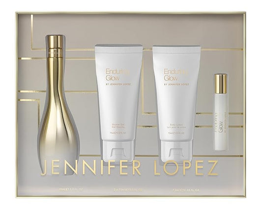 Jennifer Lopez Enduring Glow Gift Set | Eau De Parfum 50ml (1.7 fl. oz.), Shower Gel 75ml (2.5 fl. oz.), Body Lotion 75ml (2.5 fl. oz.), & EDP Rollerball 7.5ml (0.25 fl. oz.)