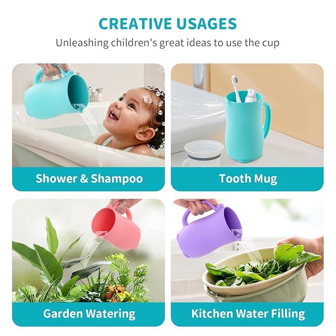 Baby Bath Rinse Cup Shower Shampoo Bowl Water Bath Bucket, Toddler Bath Toys Cup Water Containers Wash Essentials (Cat-Turquoise)