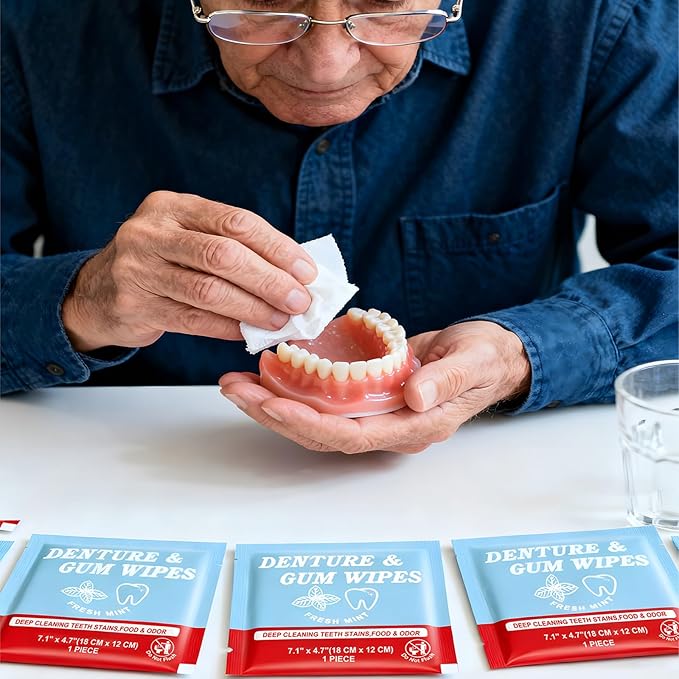 Denture Cleaner Wipes Disposable Teeth Gum Retainer Wipe Oral Care, Tooth Gums Cleaning Dental Dentures Tablets, Denture Adhesive Food Debris Braces Stain Odor Remover for Adults Elderly Mint 200 Pcs