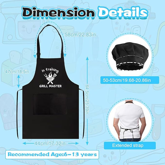 Kids Apron and Chef Hat Set, “GRILL MASTER in training” Funny Apron Adjustable Kitchen Apron Cooking Baking Painting with 2 Pockets for Boys and Girls