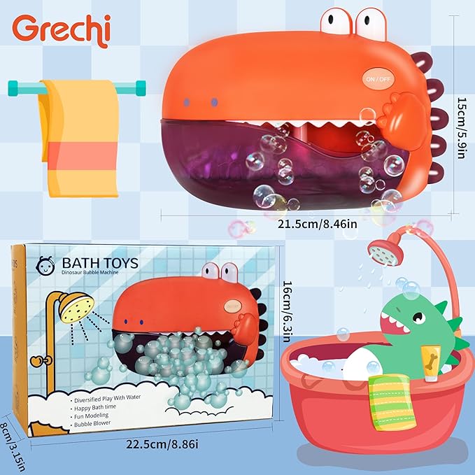 Grechi Dinosaur Bath Toys for Toddlers, Automatic Bubble Machine with 12 Children’s Songs, Baby Bathtub Toys for Kids Age 1-3 5-7, Fun & Safe Bath Time Toys for Boys & Girls