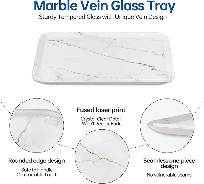 Vanity Decorative Tray, 12" x 8" White Marble Pattern Perfume Tray, Bathroom & Countertop Organizer for Soap, Jewelry, Candle