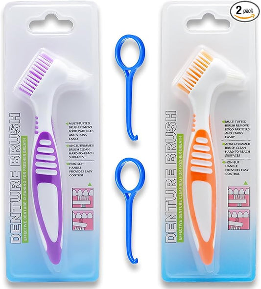 Denture Brush Dual Head Toothbrushes False Teeth Brush Denture Cleaning Kit Toothbrush (Purple, Orange)