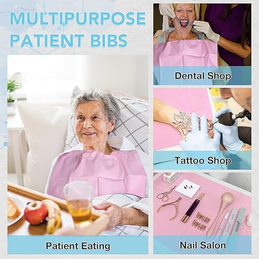 200 Pack Disposable Dental Bibs 13"x18", 3-Ply Waterproof Tattoo Bibs Sheet for Nail Salon, Dental Clinic, Feeding, Tattoo Shop (Pink)