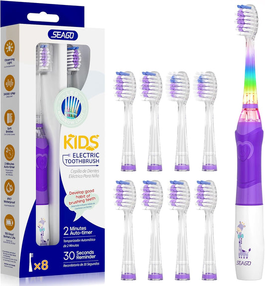 SEAGO Kids Electric Toothbrush with 2 Mins Brushing Timer and 8 Replacement Bursh Heads,Rainbow LED Light Make Brushing Fun, Blue Color Boys Battery Powerd Toothbrush for 4-12 Years Old