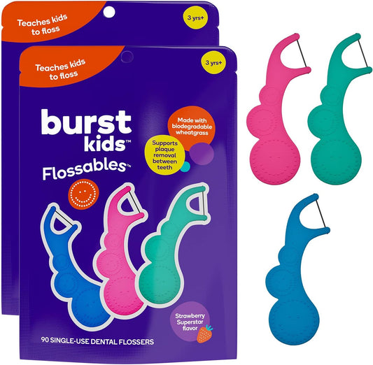 BURST Kids Flossers (180 Count/2 Pack) | Strawberry Aroma | Toddler Dental Flossable Picks with Ergonomic Design | No-Slip Grip | Smiley Face and Fun Colors |