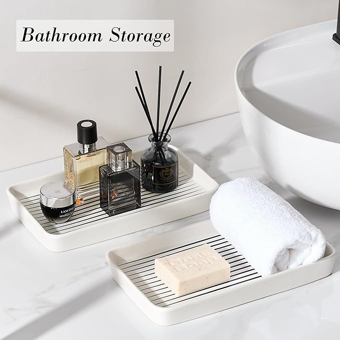 Bathroom Vanity Tray for Countertop,2PC Rectangle Striped Tray,Decorative Bathroom Organizer for Scrubber, Lotion Bottles, Perfume, Jewelry, Candle, Key Trinket Ring(Large,White)