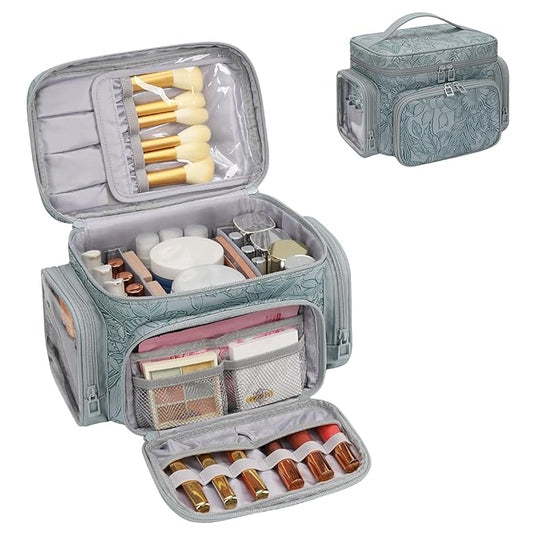 Large Makeup Bag, Portable Travel Makeup Bag Organizer for Women Girls with Makeup Brush Compartment & Two Side Pockets, Cosmetic Travel Bag Vertical Storage Toiletry - Floral Blue