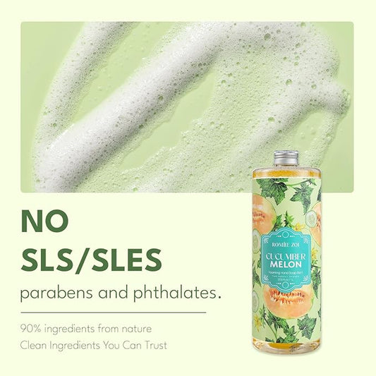 ROMIIE ZOI Natural Cucumber&Melon Foaming Hand Soap Refills 3-Pack (33.8 Fl Oz Each) with Dispenser - Plant-Based, Non-Toxic, Large Volume for Kitchen, Bathroom - Great Value Gift Set for Housewarming