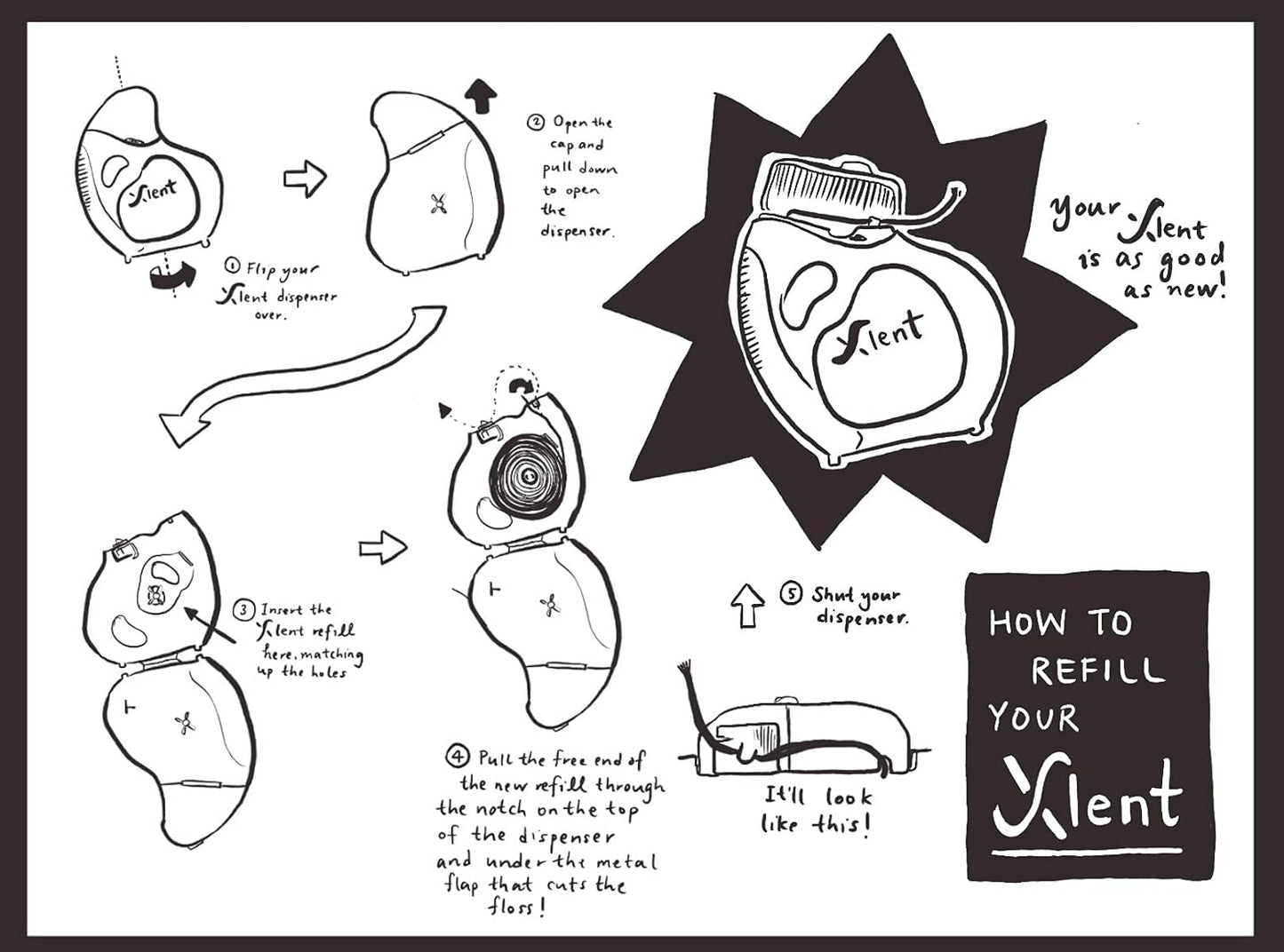 Xlent Expandable Dental Floss Treated with Activated Charcoal, Xylitol, Natural Plant Based Wax, Refreshing Mint Flavor - Pack of 5 (Refills Only)