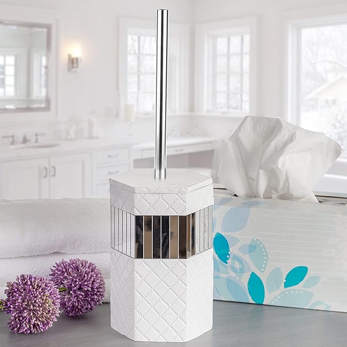 Creative Scents Quilted Mirror Bathroom Toilet Brush Set - White Toilet Bowl Brush and Holder - Good Grip Toilet Bowl Cleaner Brush and Holder - Decorative Compact Toilet Bowl Scrubber