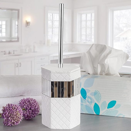 Creative Scents Quilted Mirror Bathroom Toilet Brush Set - White Toilet Bowl Brush and Holder - Good Grip Toilet Bowl Cleaner Brush and Holder - Decorative Compact Toilet Bowl Scrubber