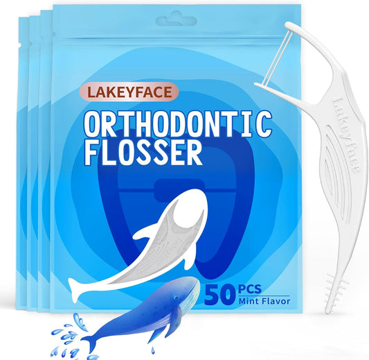 200 Count Twin-Line Braces Flossers, Orthodontic Flossers for Braces, Fits Under Arch Wire No Damage, Whale Wider Handle with Unique Finger Press, Ortho Dental Floss for Kids & Adults, Mint