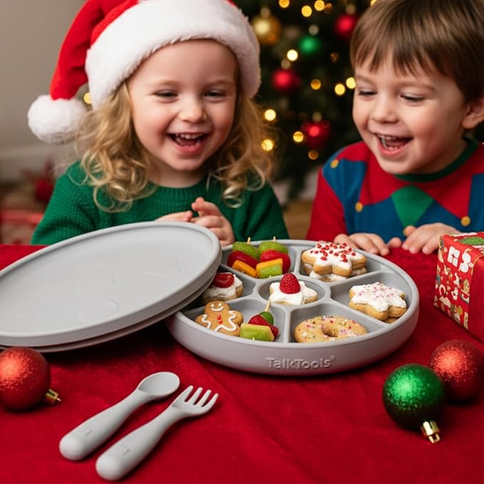 TalkTools Bitsy Silicone Baby Suction Plate with Locking Lid – Divided Plate for Toddlers Learning to Self-Feed – Non-Slip, BPA-Free, Microwave + Dishwasher Safe Baby Mealtime Plate(Cloud).