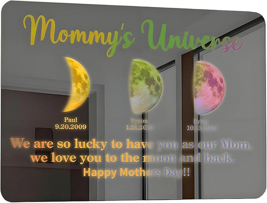 Mommy's Universe Light Up Mirror Personalized Led Name Mirror Color Changing Light Up Wall Mounted Name Neon Signs Moms Sky Moons Phase for Bedroom Decor