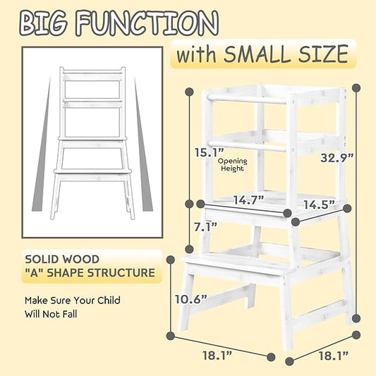 Kitchen Step Stool for Toddlers with Safety Rail, Wooden Toddler Standing Tower Kids Montessori Learning Stool Helper with A Anti-tip Structure for Kitchen Bathroom, Anti-Slip, White