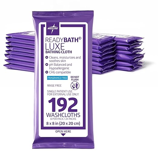Medline ReadyBath LUXE Extra Thick Adult Bath Wipes, 192 Wipes (8 Wipes, 24 Packs), Unscented, No Rinse Formula with Aloe, Shower Wipes for Sensitive Skin, Hypoallergenic Body Wash Wipes, 8 x 8 Inch