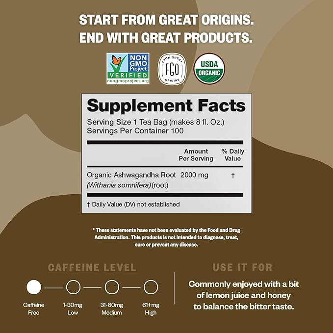 FGO Organic Ashwagandha Tea, 100 Count, Eco-Conscious Herbal Tea Bags, Resealable Bag, Caffeine Free, Packaging May Vary (Pack of 1)