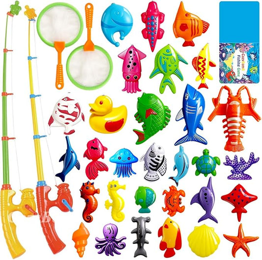 CozyBomB™ Magnetic Fishing Toys Game Set for Kids | Water Table Bathtub Kiddie Pool Party Pole Rod Net, Outdoor Plastic Floating Fish, Toddler Bath Color Ocean Sea Animals Birthday Gift Age 3-5 6 4-8