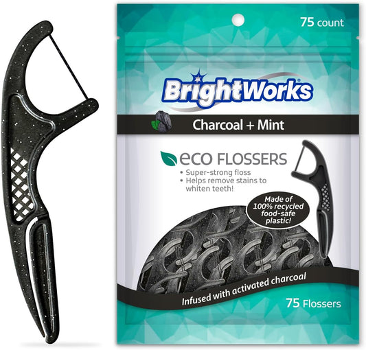 Brightworks ECO Sustainable Floss Picks - 225 Count - PFAS Free - Made in USA Charcoal + Mint Infused 100% Post-Consumer Recycled Plastic with Micro-Crystals for Oral Care Hygiene Gum Health
