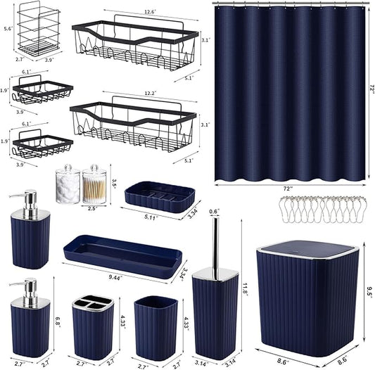 28PC Bathroom Set - Gorgeous Blue Bathroom Set, Bathroom Accessory Set, Blue Shower Curtain Set with 5PC Shower Organizer