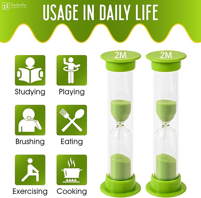 Sand Timer for Kids - 2 Minute Set of 4 Hour Glass - Green Color- Acrylic Covered for Classroom, Home & Kids Room