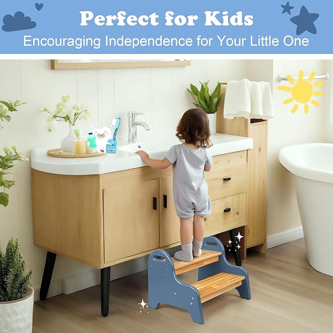 StrongTek Kids 2 Step Stool, Rubber Wood Step for Children, Safe & Sturdy, Ideal for Bathroom, Kitchen, Home Use, Durable, Non-Slip, Child Safety, Foot Stool, Toddler Step Stool, Easy to Clean