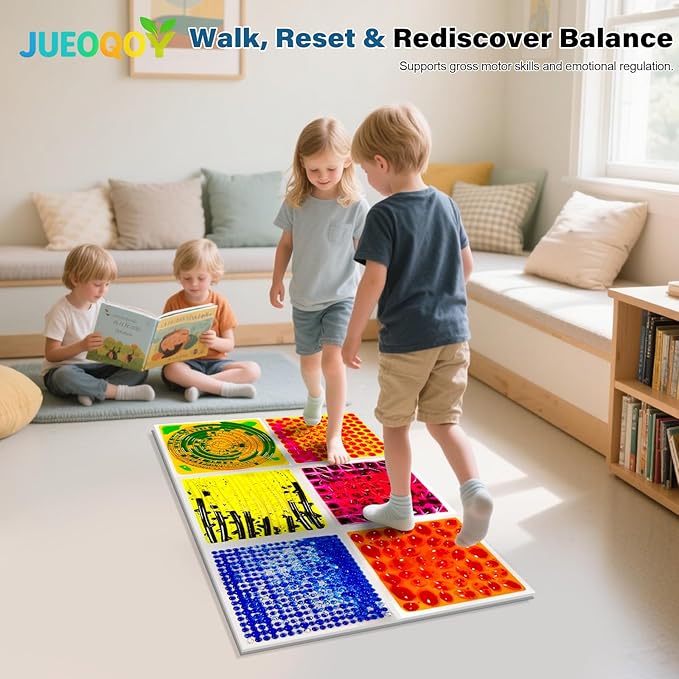 Liquid Sensory Floor Tiles for Kids Ages 3+, 12" Textured Step-On Tiles with Non-Slip Base, Interactive Color-Flow, Assorted Colors, Classroom Sensory Path Set (6-Pack)