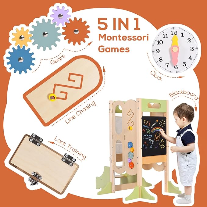 6 in 1 Toddler Tower with Removable Ladder, Foldable Wooden Kitchen Step Stool for Kids, Adjustable Children Helper Tower for Baby, Standing Tower with Safety Equipment and Black Board