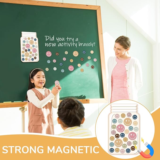 Magnetic Smile Face Reward Jar for Kids 68Pcs Boho Smiley Faces 1 Storage Bag Reward Jars Positive Behavior Chart Behavior Management Classroom Tools for Students Teachers Back to School Supplies