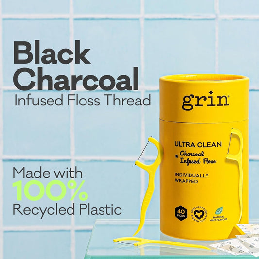Grin Tooth Picks Flossers for Adults – Charcoal Infused Dental Floss Picks for Teeth Cleaning - Natural Mint Flavor - 100% Recycled Plastic Handle - 80 Count Canister (Pack of 3)