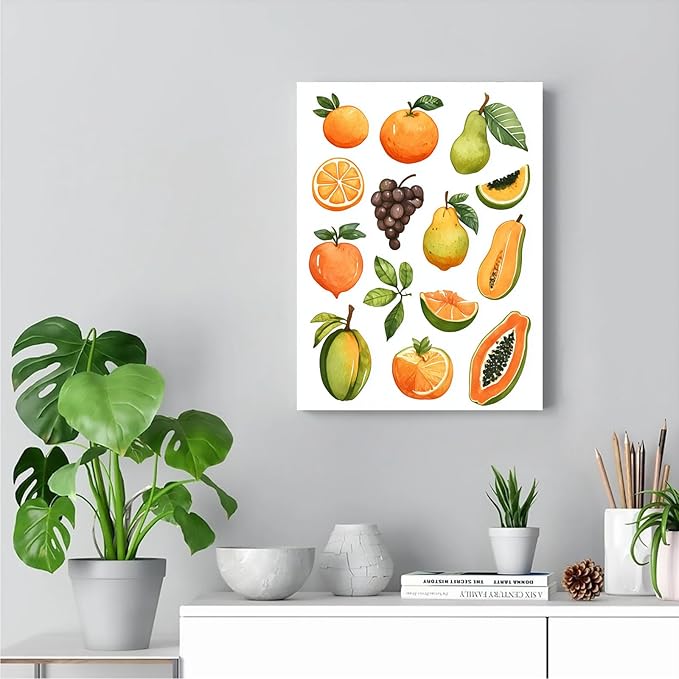 SchindlerBang Large Kitchen Art Print,Cartoon Fruit Watercolor,Contemporary Wall Canvas,Modern Decor Display,16x24inch Framed Artwork Ready to Hang