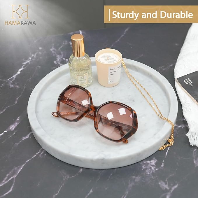 Bathroom Vanity Tray, Large Natural Marble Round Sink Tray 9.5 Inch, Carrara White Limestone Dresser Tray, Modern Countertop Organizer for Soap Dispenser, Kitchen Counter, Home Decor