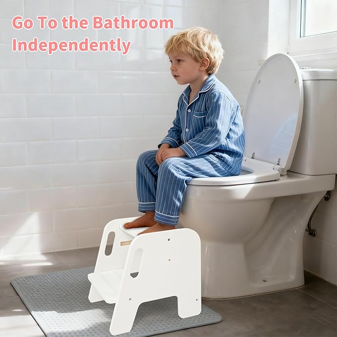 WOOD CITY Toddler Step Stool, Wooden 2 Step Stools for Bathroom Sink Potty Training Kitchen Dual Height Stool Helper for Kids Bonus Non-Slip Pads and Handles for Safety (White)