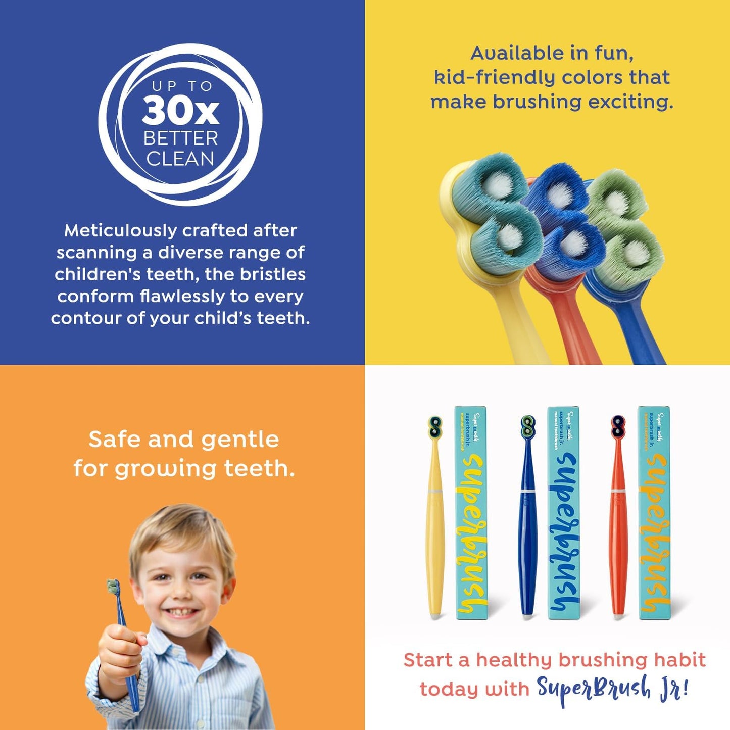 SuperMouth® SuperBrush Jr.® Kids Manual Toothbrush – Soft Patented SuperBristles® Clean Baby Teeth 30X Better, Gentle Plaque Removal, Augmented Reality Teaches Proper Brushing