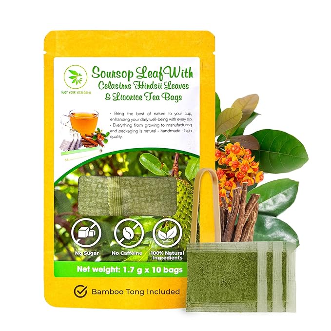 Graviola Soursop Leaf Tea Samplers with Celastrus Hindsii & Licorice - 10 Count + Bamboo Tong, Corn Based Tea Bags, Natural Herbal Tea for Comfort Relax, Re-Steep Hoja De Guanabana