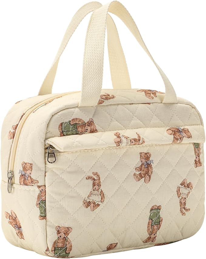 Large Size Quilted Coquette Makeup Bag, Cute Preppy Floral Cotton Travel Cosmetic Organizer Bag with Top Handle, Multi-Layer Travel Toiletry Pouch for Girls (04Bear)