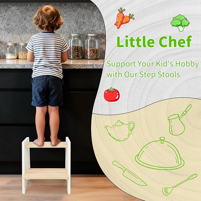 WOOD CITY Toddler Step Stool-Wooden 2 Step Stools for Bathroom Sink Potty Training Kitchen Stool Helper for Kids Bonus Non-Slip Pads and Handles for Safety White