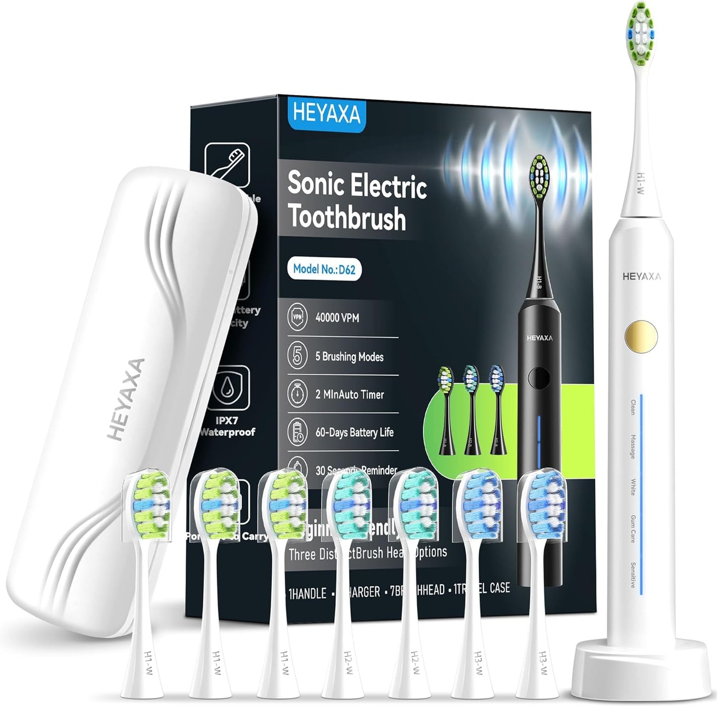 Sonic Electric Toothbrush with 40000VPM Cleaning Power for Adults&Kids, 60-Day Battery Life Rechargeable Power Toothbrush with 5 Modes, 2-Min Smart Timer, 7 Brush Heads & Travel Case (White, 1 Count)