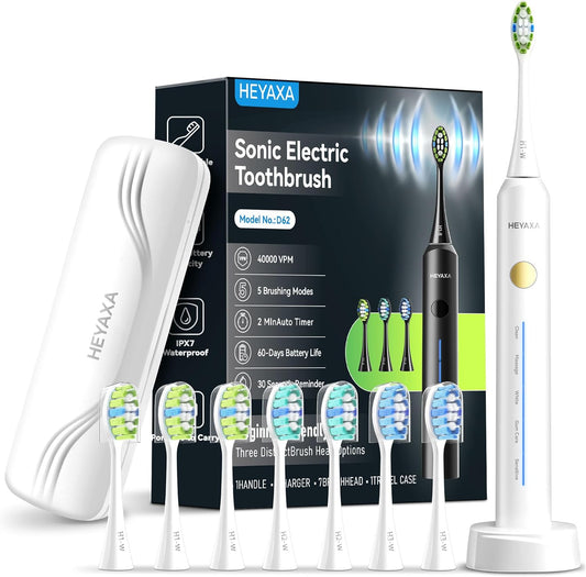 Sonic Electric Toothbrush with 40000VPM Cleaning Power for Adults&Kids, 60-Day Battery Life Rechargeable Power Toothbrush with 5 Modes, 2-Min Smart Timer, 7 Brush Heads & Travel Case (White, 1 Count)