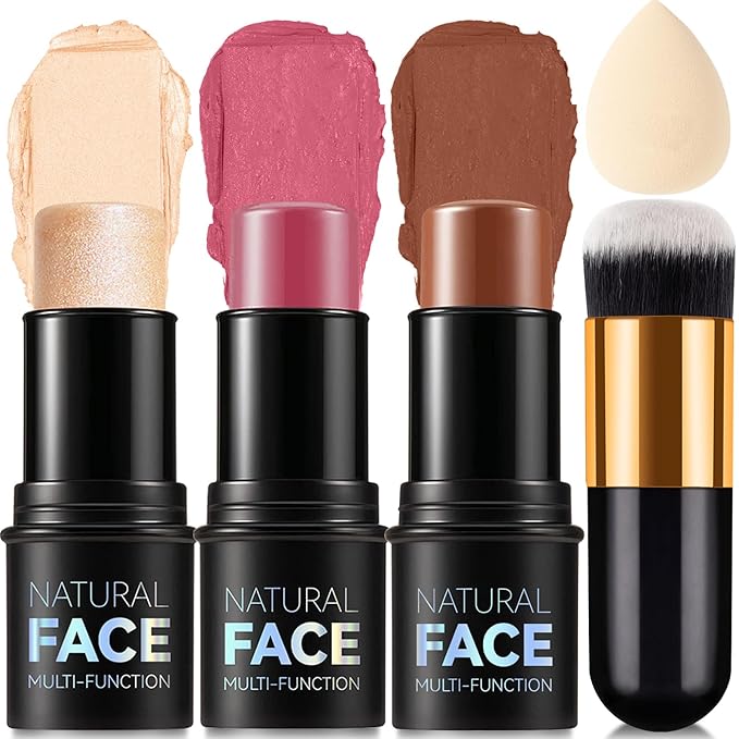 3-in-1 Cream Contour Stick Set - Blush, Bronzer & Highlighter - Long Lasting, Waterproof - Matte & Dewy Finish - Light Fair (8+10+12) for Women