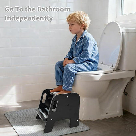 WOOD CITY Toddler Step Stool, Wooden 2 Step Stools for Bathroom Sink Potty Training Kitchen Dual Height Stool Helper for Kids Bonus Non-Slip Pads and Handles for Safety （Black）