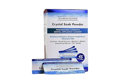 Dr. B Dental Solutions Powder Crystal Soak Cleanser, Ideal for Oral Appliances, Dentures, Night Guards, Retainers, Aligners, and Sleep Apnea Devices - 45 Packs Included (Single Pack)