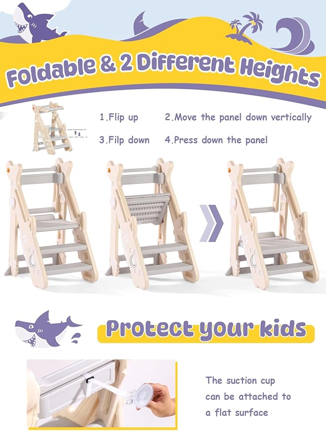 VBABY Foldable Toddler Tower, Plastic Kids Kitchen Stool, Adjustable Height Toddler Step Stool, Certified Standing Tower, White