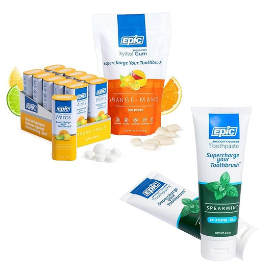 Epic Dental Sugar Free Oral Care Set – 500-Piece Orange Mango Gum, 550 Fruit Mints, 2 Tubes Spearmint Fluoride Toothpaste – Aspartame Free, Dentist Approved, Helps with Dry Mouth & Cavity Care