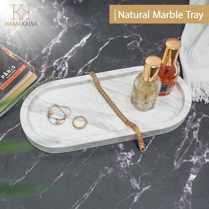 Oval Bathroom Vanity Tray, Large Natural Marble Sink Tray 10 Inch, Volakas White Stone Soap Trays, Modern Perfume Trays, Countertop Organizer for Kitchen, Coffee Table, Home Decor