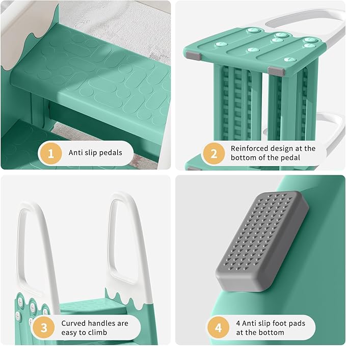 Two Step Stool with Handrails for Toddler and Kids, Standing Learning Stool Tower for Bathroom Sink, Potty Training, Children Step Up Learning Helper with Handles (Green-White)